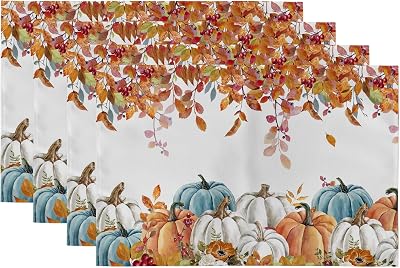 Fall Pumpkins Placemats Set of 4, Orange Eucalyptus Leaves Autumn Thanksgiving Holiday Table Mats for Party Kitchen Dining Decor, 12x18 Inch