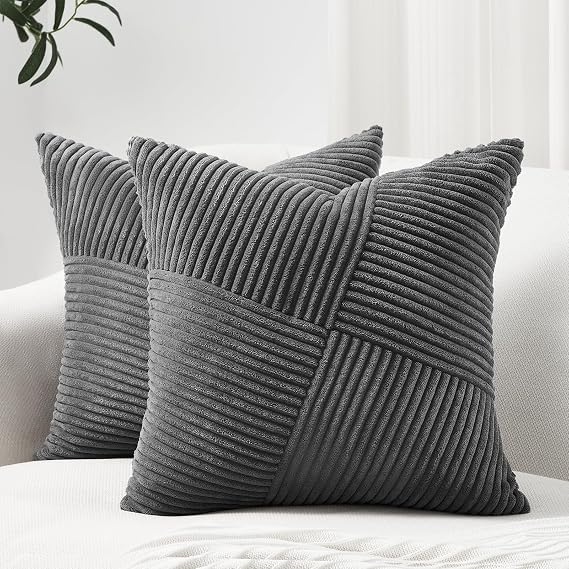 Topfinel Pillow Covers 16x16 Inch Set of 2 Decorative Darkgrey Soft Corduroy Boho Striped Throw Pillow Covers Patchwork Cushion Cases Cute Aesthetic Home Decor for Couch Sofa Bed