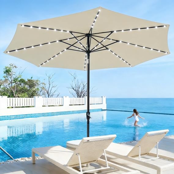Patio Umbrella with Solar Lights, 11FT Outdoor Umbrellas for Patio, Aluminum Pole Outdoor Umbrella with Push Button Tilt and Crank, 8 Iron Ribs, Polyester Canopy Patio Umbrella for Pool, Khaki