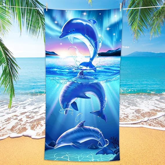 Bonsai Tree Dolphin Beach Towel, Cute Ocean Dolphins Themed Bath Towel