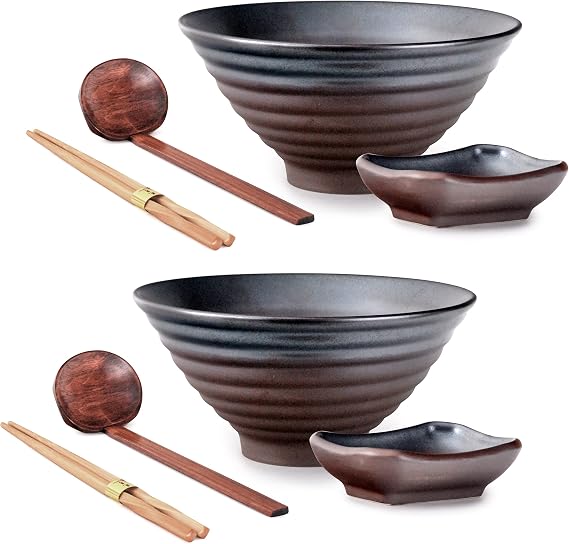 Japanese Style 8 Piece Ramen Set of Two Porcelain 40 fl oz Noodle Bowl With Bamboo Spoon Bamboo Chopsticks and Sauce Dish (Brown Gunmetal)