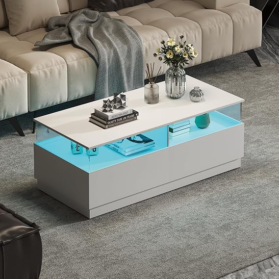 HedoAjim Rectangular Coffee Tables with Storages, Modern White Coffee Table