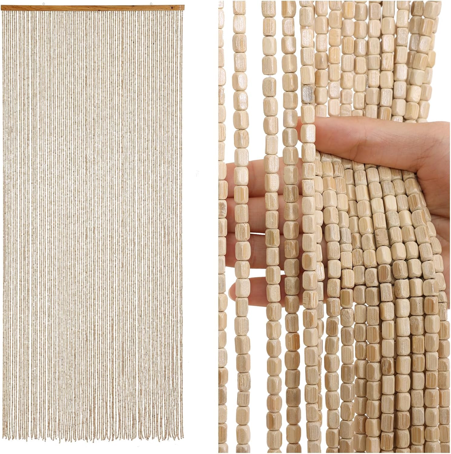 BECHAEO 90 Strands Handmade Bamboo Beaded Curtain for Doorway Boho Hanging Door Bead Curtain, 35.5 x 75 Inches - Natrual