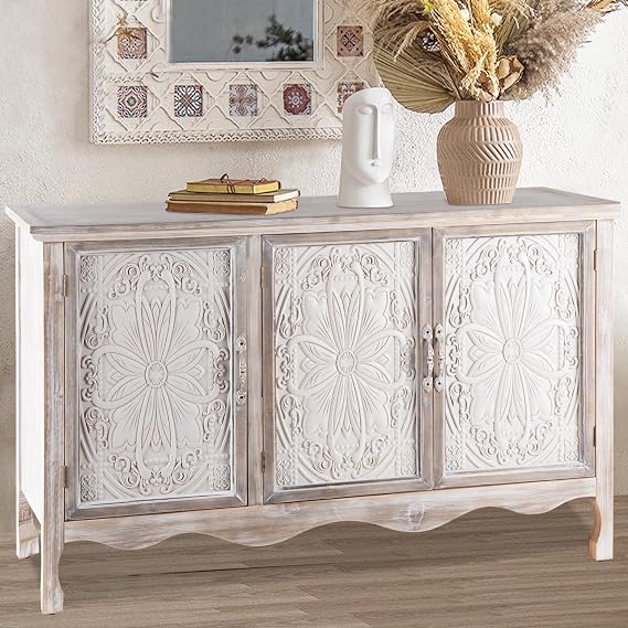 May in Color Accent Cabinet Rustic Storage Cabinet with 3 Carved Doors, Vintage Sideboard Buffet Cabinet with Shelves, Wood Entryway Cabinet for Kitchen, Dining Room, Living Room, Bedroom, Wash Grey