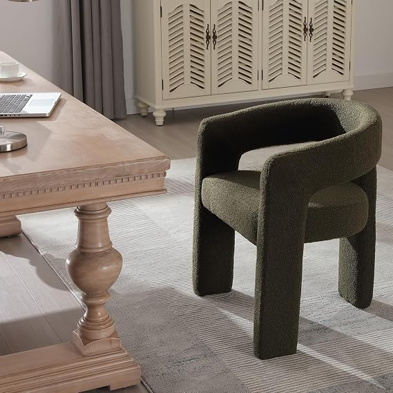 Upholstered Sherpa Dining Chair Modern Barrel Dining Room Chair with Arm Comfy Accent Side Chair for Kitchen Bedroom Living Room Vanity Reception, Green