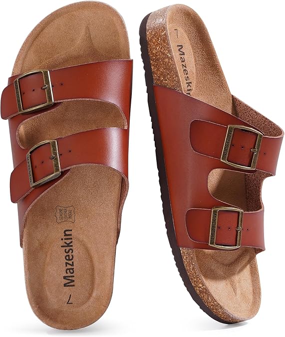 mazeskin Women's Genuine Leather Orthopedic Slide Sandals with Arch Support, Double Strap Summer Shoes with Adjustable Buckle and Comfortable Orthotic Footbed