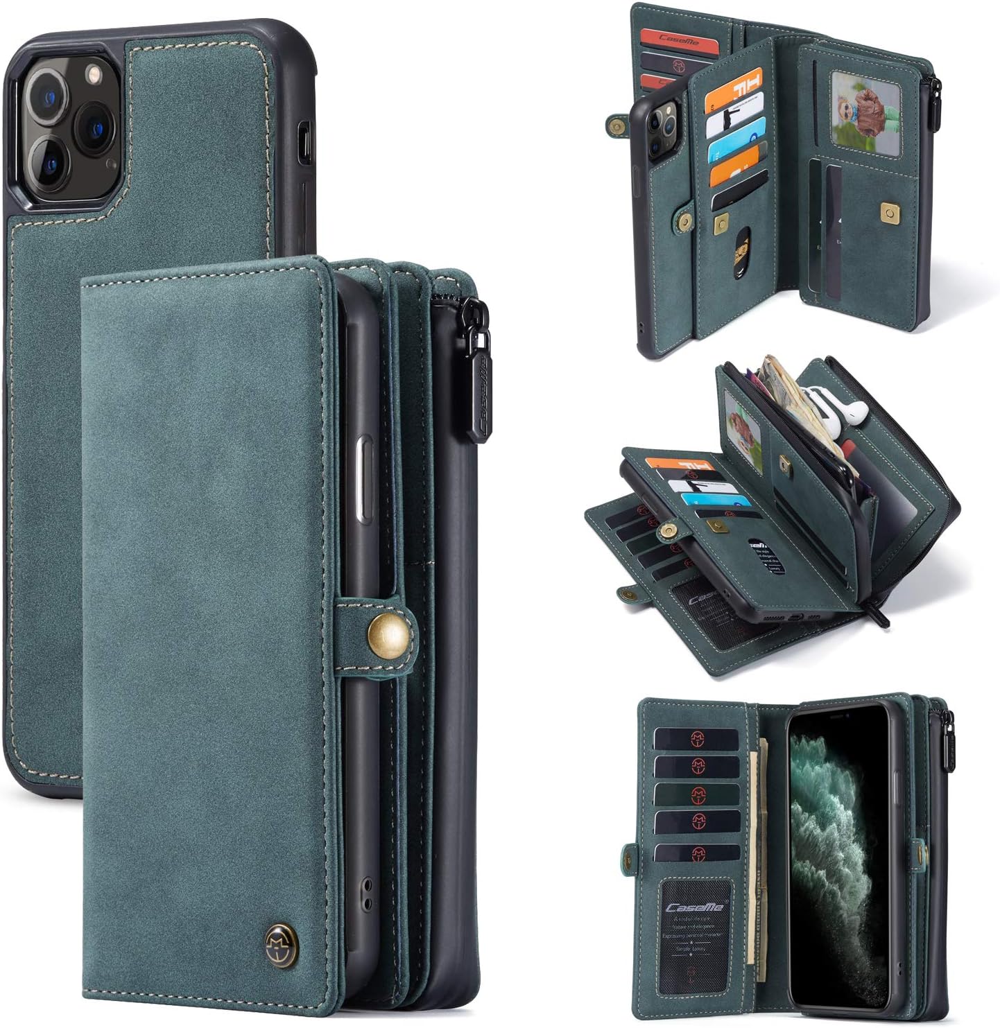 iPhone 11 Pro Max Wallet Case, [2 in 1 Detachable Magnetic] [Vegan Leather] Folio Card Pocket Clutch Case for iPhone 11 Pro Max 6.5Inch Slim Shock Protection Flip Cover - Blue Green