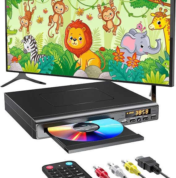 DVD Player HDMI, DVD Player for All Regions, Simple DVD Player for Seniors, CD DVD Player for Home Stereo Systems, HDMI and RCA Cables Included