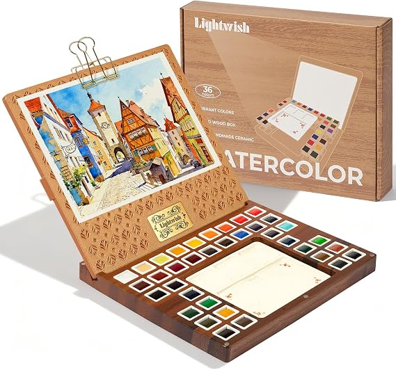 Watercolor Paint Set 36 Colors-with Wooden Watercolor Palette Box,Handmade Ceramic Palette,Blank Swatch Card,Art Supplies for Professional Artists, Painters