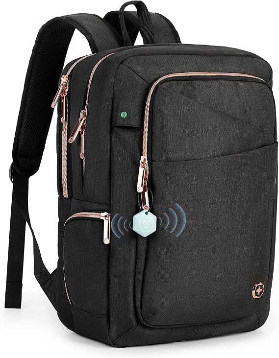 Swissdigital Design Business Backpack For Women with Rose Gold-Tone Zippers College Travel Laptop Backpack with Apple Find My Network,Fits 15.6 inch Laptop,Black-Finder Color Random | SD1006FB0-01