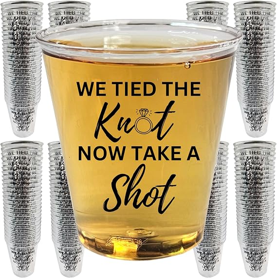 Cloverjoyed Disposable Plastic Wedding Shot Glasses, 200 Pack,#39;We Tied the Knot Now Take a Shot' with Ring Design, Perfect for Weddings, Bridal Showers, Engagement Parties