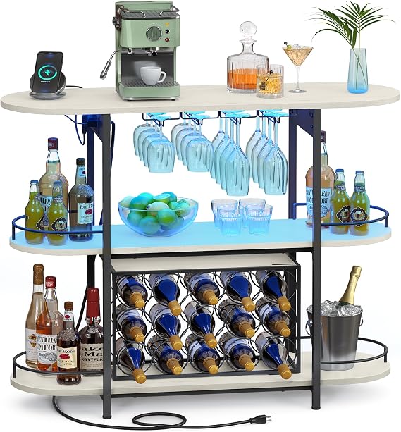 VASAGLE Bar Cabinet with LED Lights and Power Outlets, Freestanding Coffee Bar Wine Cabinet, Wine Rack, Glass Holder, Mini Bar for Liquor and Glasses, Kitchen, Dining Room, Rustic White ULWR007W01S