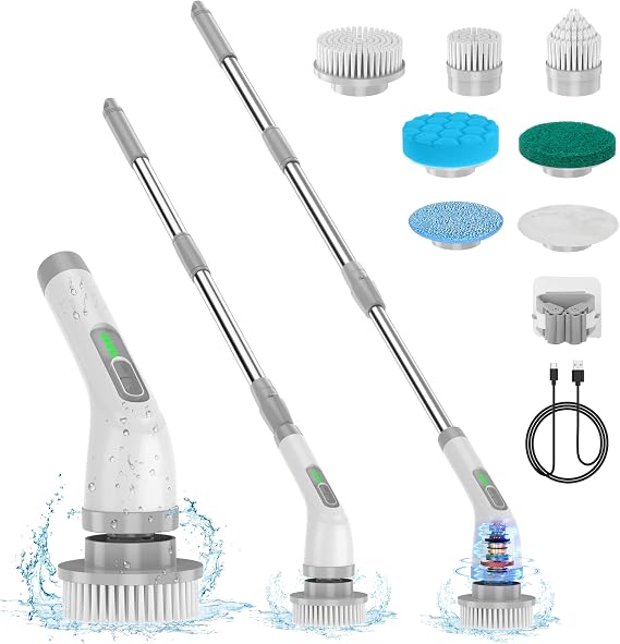 Lightswim Electric Spin Scrubber, Upgrade 7 in 1 Electric Cleaning Brush,420RPM Powerful Cleaning, 1.5H Bathroom Scrubber Dual Speed with Extension Arm for Kitchen, Car, Tile, Wall, Floor, Shower