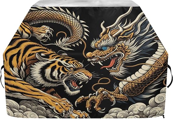 Dragon Tiger Fighting Grill Cover 65 inch BBQ Grill Cover, Heavy Duty Waterproof Anti-UV Barbecue Cover for Weber Char-Broil Nexgrill Grills and More