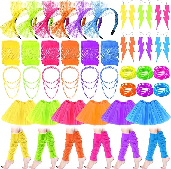 JaGely 42 Pieces 80s Costume Accessories Set | Tutu, Earring, Necklace, Fishnet Gloves, Bracelet, Leg Warmer, Halloween Women Outfit 80's Theme Party