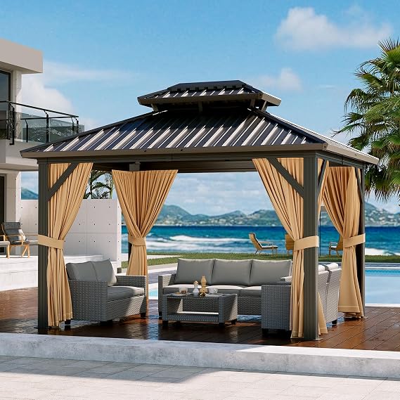 Hardtop Gazebo 10' X 12', Outdoor Aluminum Permanent Gazebo with Galvanized Steel Double Roof with Curtain Netting for Backyard Patio Lawn Garden