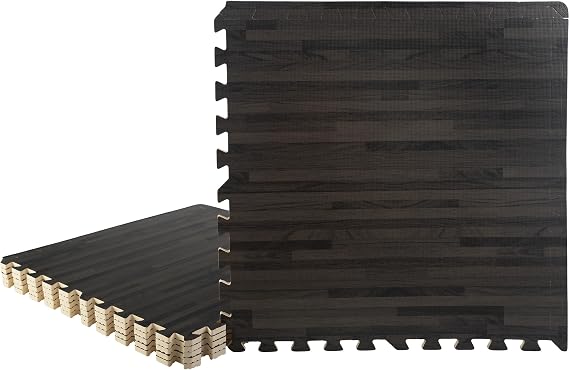 Foam Floor Tiles - 24sqft Wood Grain Interlocking Foam Tiles with Border - Soft Play Mat Playroom or Gym Flooring for Home Gym by Stalwart (Black)
