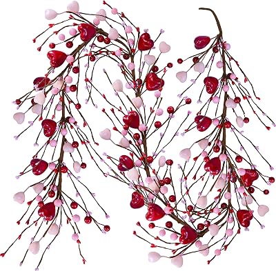 Winlyn 5.2 Ft Artificial Valentines Day Garland Red Pink Heart and Berry Garland for Valentine Party Holiday Wedding Fireplace Mantel Shelf Front Door Decor Dinner Table Centerpiece