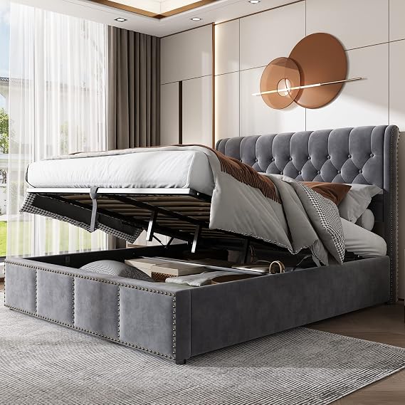 ModernLuxe Upholstered Super King Size Bed, 6FT Bed Frame with Hydraulic Lever and Soft Headboard, Functional Storage Ottoman Bed, Rivet Decoration, Without Mattress, Velvet Grey, 180x200cm