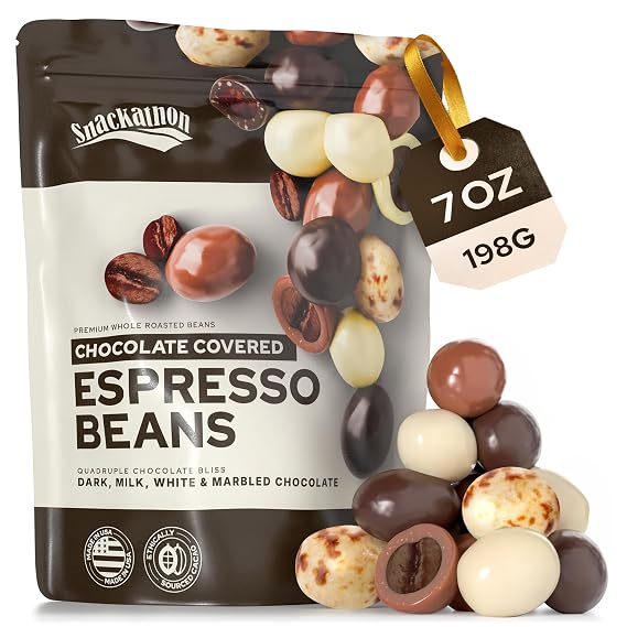 Snackathon Chocolate Covered Espresso Beans, 4 Chocolate Blend (Dark, Milk, White, Marbled), 7 OZ Resealable Bag, Gourmet Candy Snack for Coffee Lovers