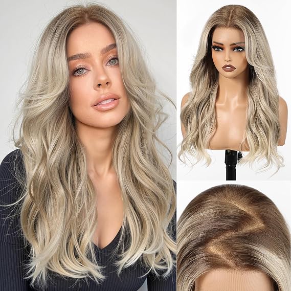 HAIRCUBE 13x6 HD Lace Front Wig Synthetic 22 Inch Ombre Ash Blonde Long Wave Layered Glueless Wig for Women, Natural Look Daily Wear
