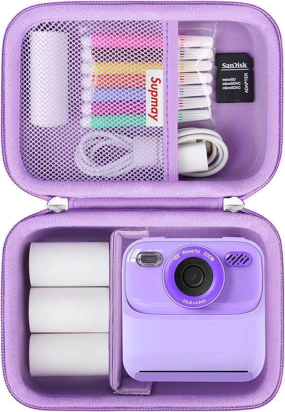Hard Carrying Case for Cimizi/for masterbee/for MgaoLo Upgrade Kids Camera Instant Print, Toys Storage Bag with Mesh Pocket for Roll Printing Papers, USB Cable, SD Card, Colour Pen, Purple
