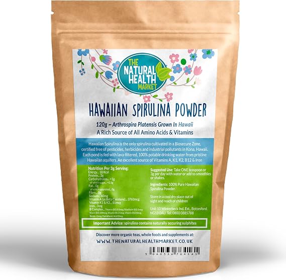 Hawaiian Spirulina Powder 120 g – The Natural Health Market | Organic Vegan Superfood Rich in Iron, Protein, Vitamins B12 A K1 K2, Antioxidants & Phycocyanin