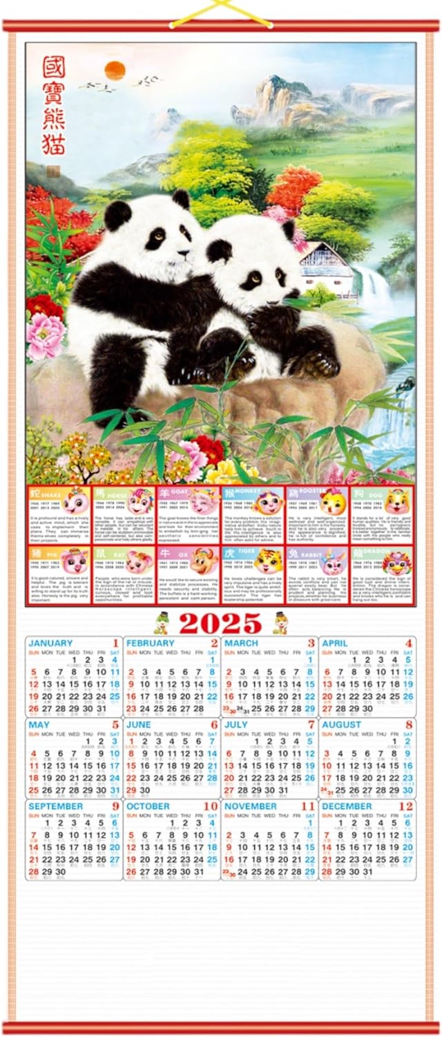 2025 Chinese Wall Scroll Calendar wPicture of Panda for Year of Snake