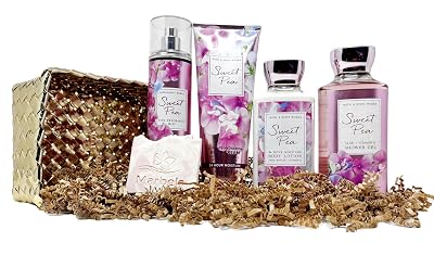 Bath & Body Works Sweet Pea Gold Woven Basket 4 Piece Gift Set - Fine Fragrance Mist, Shower Gel, Body Lotion and Body Cream with a Himalayan Salts Springs Sample Soap.