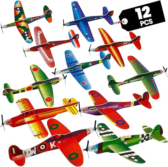 8 Inch Foam Glider Planes (12-Pack) Bomber Airplane Party Favor Toys | Paper Airplane Kits for Kids, Birthday Party Favors, Goodie Bag Stuffers, Outdoor Flying Toys, Classroom Rewards & Prizes