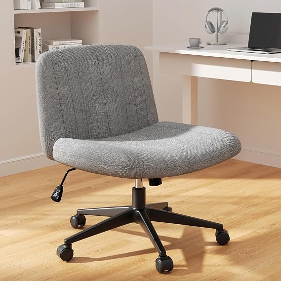 Criss Cross Chair with Wheels, Cross Legged Office Chair, Armless Office Chairs Height Adjustable Swivel Fabric Vanity Chairs for Home Office Bedroom, Grey