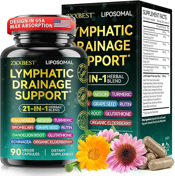 Lymphatic Drainage Supplements, Lymphatic Drainage Capsules - Wellness Complex 21 in 1 Aescia, Turmeric, Bromelain, Echinacea & More - Lymph System Support Capsules (90pcs(1 Pack))