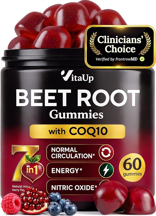 VitaUp Beet Root Gummies Beetroot Gummies with CoQ10, Grape Seed, Vitamin C, B12 & B3 Beets Gummies for Circulation Support Beet Supplement for Energy & Immune Support 60 Beets Chews