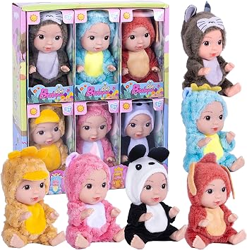 dollbie 6 Pack 5 inch Baby Dolls-PVC Mini Figures with Cute Animal Outfits, Safe Toys for Kids, Collectible Display Stress Relief