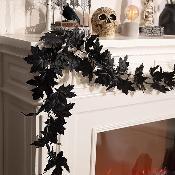 Valery Madelyn 9ft Halloween Garland with Lights for Mantle Party Decor | Pre-Lit Light Up Black Maple Leaf Garland Halloween Decoration for Fireplace Table Stair Home