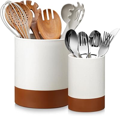 MALACASA Utensil Holder, 7.35.5 Ceramic Kitchen Utensil Holder for Countertop, Large Cooking Utensil Crocks for Kitchen Counter, Farmhouse Utensils Organizer, Set of 2, Khaki White, Series TARA