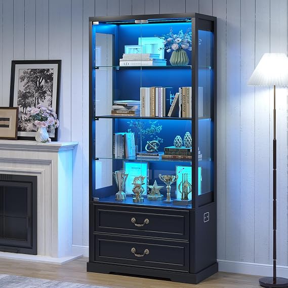 TAGELIER 67" Tall Display Cabinet with Glass Doors and 2 Drawers, Black | Curio Cabinet with LED Lights, Human Sensor, Display Case for Collectibles, Adjustable Shelves Storage, for Living Room