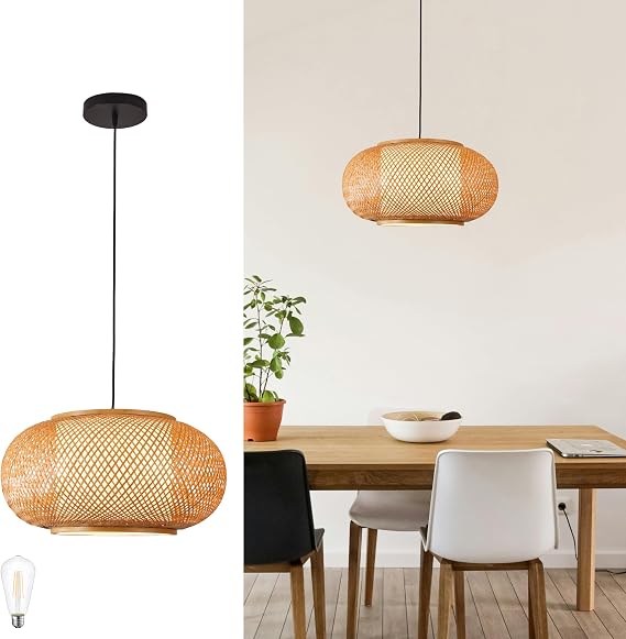 Rustic Bamboo Pendant Light, Basket Weave Hanging Light 15.7-inch