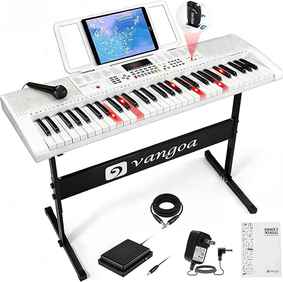 Vangoa Keyboard Piano 61 Key, Full Size Electric Piano Keyboard Light UP Keys with 3 Teaching Modes, Learning Music Keyboard Piano with Stand Headphones for Beginners, VGK6101 White | Light UP Keys, 3 Teaching Modes, USB-Play, Durable H-style Stand, Pure White for Various Scenario
