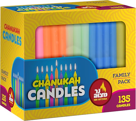 Ner Mitzvah Colorful Chanukah Candles, Standard Size Candle Fits Most Menorahs, Premium Quality and Assorted Colors (Pack of 135)
