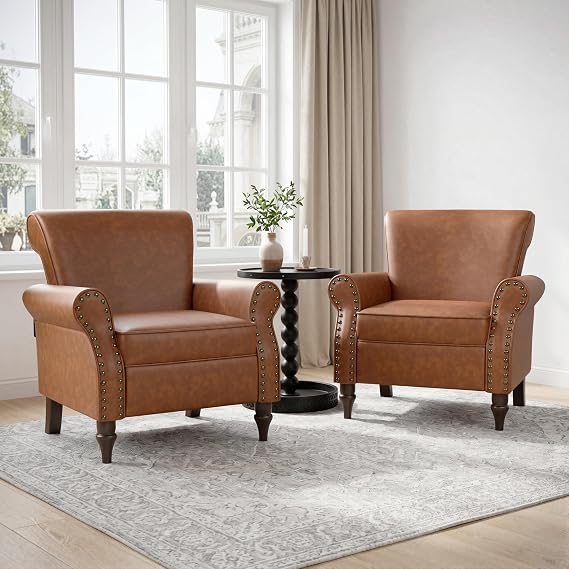 Faux Leather Accent Chairs Set of 2,Mid-Century Modern Wingback Chair,Brown | Upholstered Armchair Reading Chair with Nailhead Trim & Rolled Armrest, for Living Room Bedroom, Easy to Clean