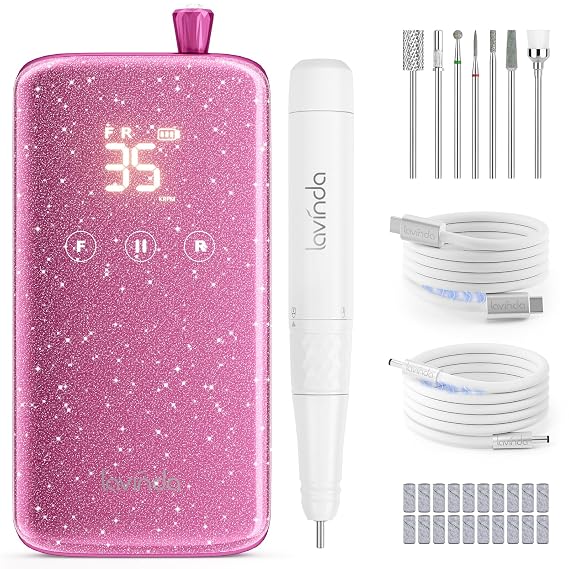 Lavinda Professional Nail Drill, 35000RPM Cordless E-File, Sparkling Pink