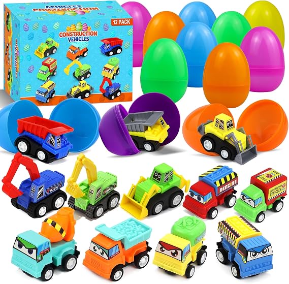 iMiibel 12 Pack Prefilled Easter Eggs with Pull Back Car Toys Easter Eggs Filled for Egg Hunt Easter Party Favors for Kids Boys Girls Easter Basket Stuffers Party Favors Easter Egg Hunt