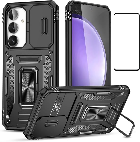 for Samsung Galaxy S24 FE Case with Screen Protector, Protective Cover with Camera Protector Kickstand Military Phone Case for Samsung s24 FE case (Black, S24 FE)
