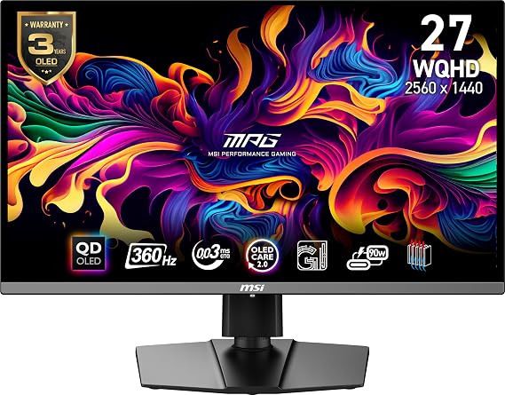 MSI MPG 271QRX QD-OLED, 27 OLED Gaming Monitor, 2560 x 1440 QHD, OLED 0.03ms Response time, 360Hz, True Black HDR 400, HDMI, DP Port, USB Type C, Tilt, Height