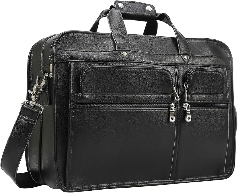 Men's Full Grain Leather Briefcase Large 17 Inch Business Travel Laptop Messenger Bag Tote with YKK Metal Zippers
