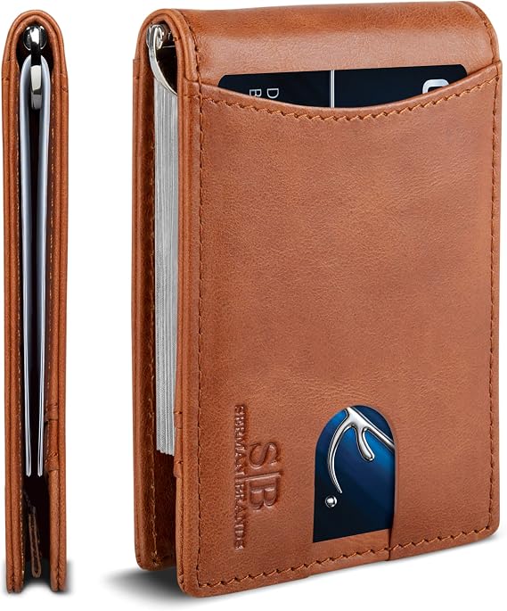 SERMAN BRANDS RFID Blocking Slim Bifold Genuine Leather Minimalist Front Pocket Wallet for Men with Money Clip Thin Gift, Dark Caramel 1.s, Slim, RFID Wallet
