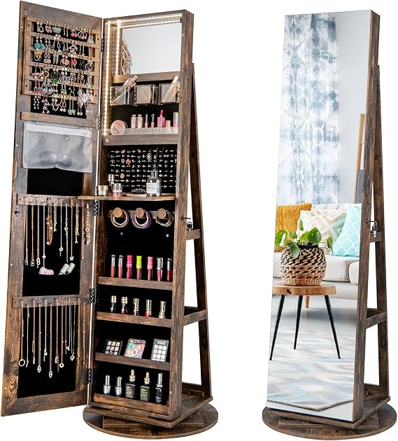 Multigot 3-in-1 Jewellery Cabinet, 360 Swivel Jewelry Armoire with Full-Length Mirror & 3-Color LED Lights, Lockable Cosmetic Storage Organizer for Dressing Room Living Room Bedroom (Rustic Brown)