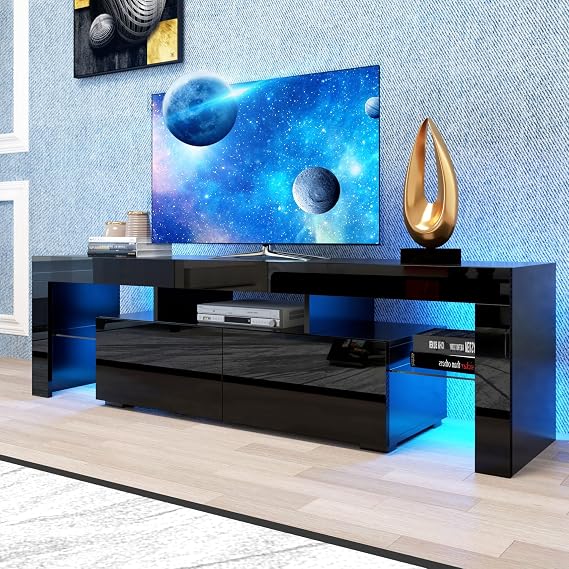 TV Stand with LED Lights up to 70 inch TV, Modern Gaming Entertainment Center, High Gloss Television Stands Media Console with Storage Shelves & 2 Drawers for Living Room, Bedroom, Black
