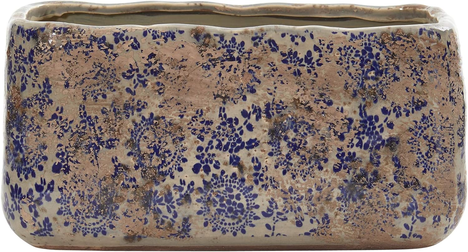 Nearly Natural 10in. Tuscan Ceramic Rectangle Planter, Blue
